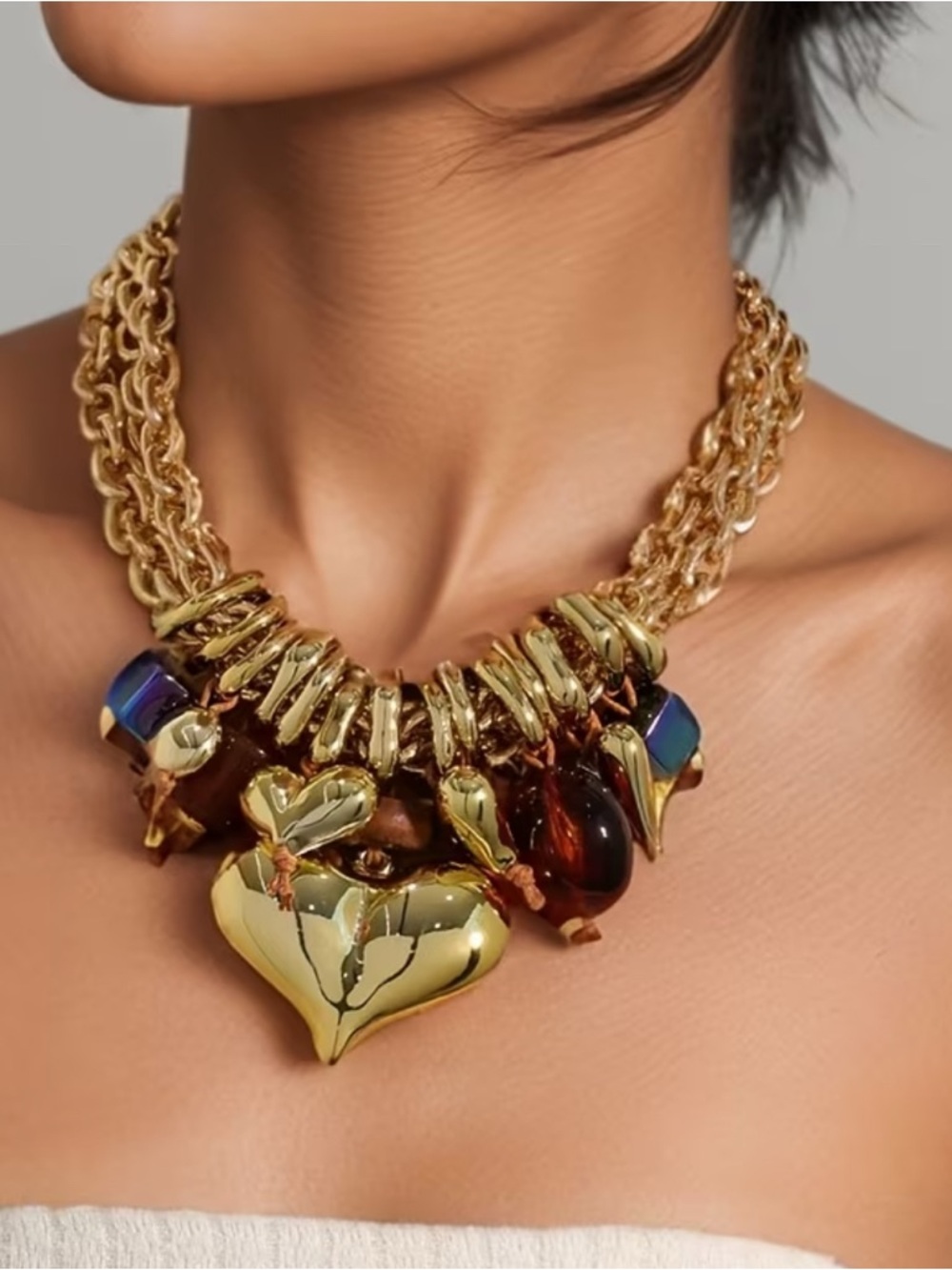 Gold Heart Charm Statement Necklace - Women Jewelry -Blue Green